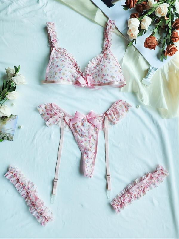Women's Ditsy Floral Print Lingerie Set, Sexy Bow Decor Bra & Thong & Garter Belt & Leg Bands Set, Women's Lingerie & Underwear for All Seasons